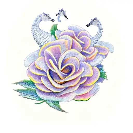 goose, peach, redwood tree, gardenias, forget-me-not flowers, seahorse tattoo design idea