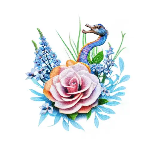 goose, peach, redwood, gardenias, forget-me-not flowers, seahorse tattoo design idea