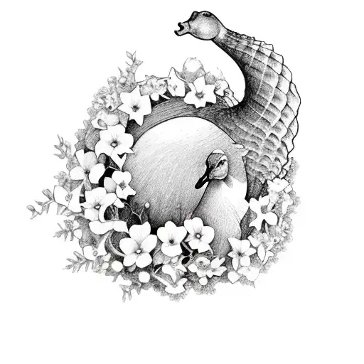 goose, peach, redwood tree, gardenias, forget-me-not flowers, seahorse tattoo design idea