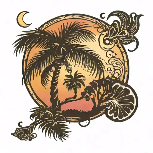 palmetto tree crescent moon merging together tattoo design idea