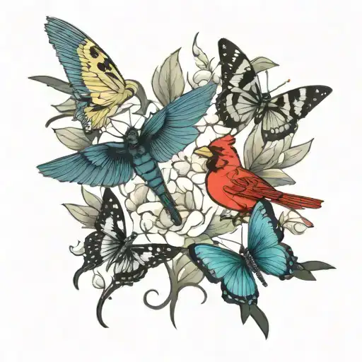 Two Cardinals, dragonflies, and butterflies  tattoo design idea