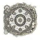 Epic background depicting the nine worlds of Norse mythology, each world illustrated with its respective symbols. The gi tattoo design idea