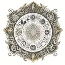 Epic background depicting the nine worlds of Norse mythology, each world illustrated with its respective symbols. The gi tattoo design idea