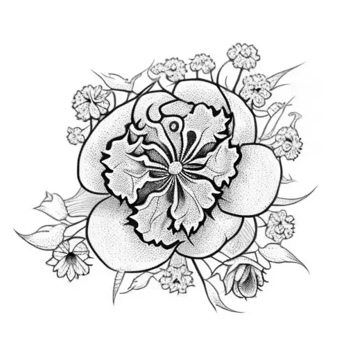 Spine tattoo with birth flowers including a carnation, sunflower, pansy, rose, geraniums, and chrysanthemum with vines tattoo design idea