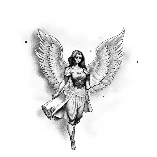 An angel holding a beer mug surrounded by shooting targets tattoo design idea