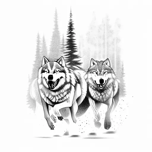 A pack of loyal wolves running freely through a lush forest tattoo design idea