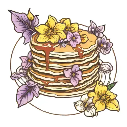 stack of Pancakes with a crescent of Violet, primrose, Daffodil, and jonquil tattoo design idea