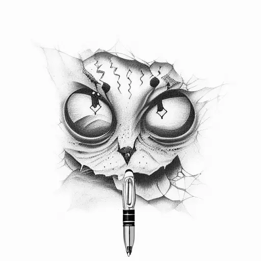 A pen dipped in shadowy ink, creating a trail of mysterious words that disappear into the darkness tattoo design idea