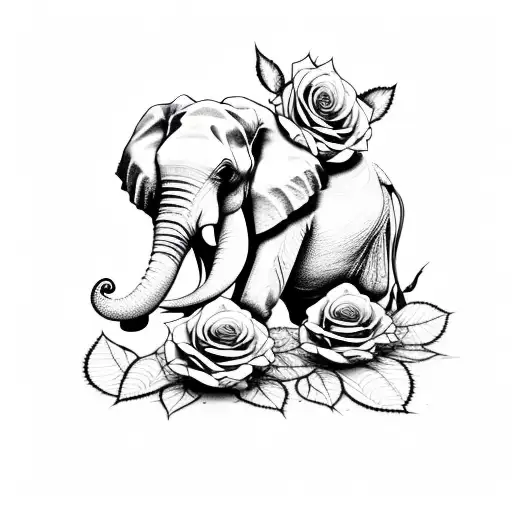 mirage, black & white, roses, flowers, elephant and baby tattoo design idea