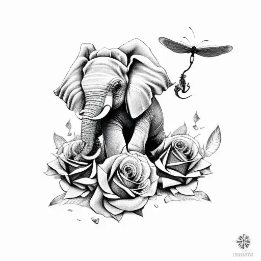 black & white, roses, elephant, books, dragonflies, magical tattoo design idea