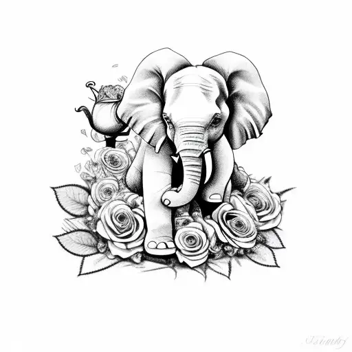black & white, roses, flowers, elephant and baby, books tattoo design idea