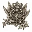 I want a half upper arm sleeve no color. Include a family crest, American flag, and something else patriotic.  tattoo design idea