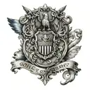 I want a half upper arm sleeve no color. Include a family crest, American flag, and something else patriotic.  tattoo design idea