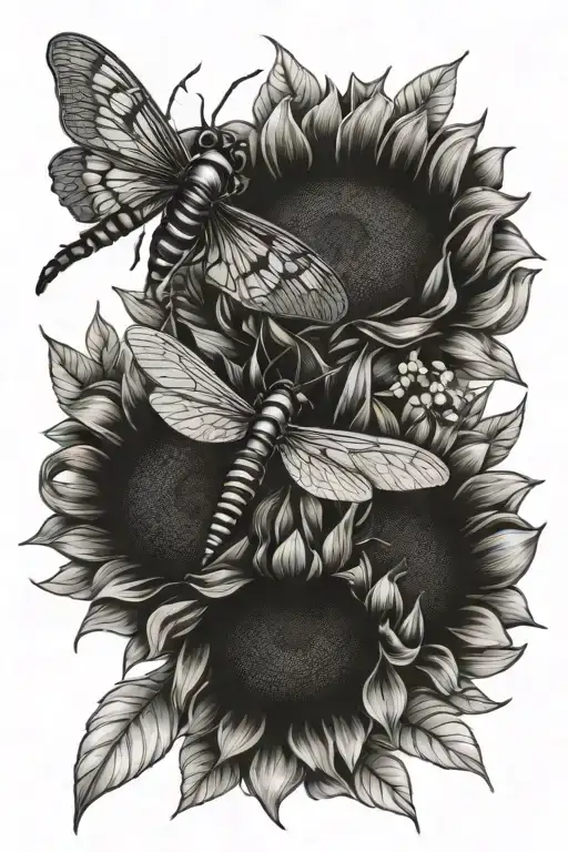 sunflowers and bees and flowers and dragonfly tattoo design idea