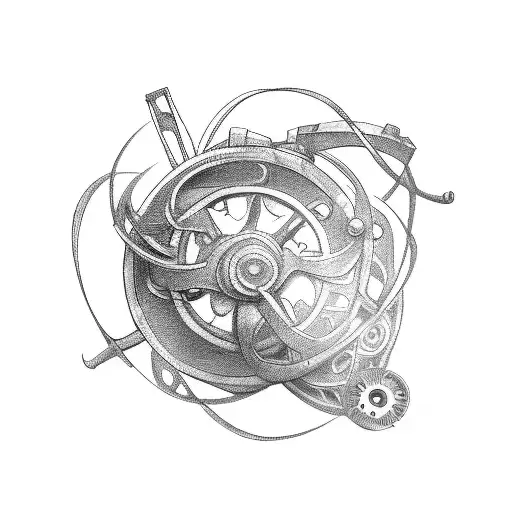 A sketch-style tattoo of a movie reel entwined with books and art supplies, symbolizing the love for movies, books, and art tattoo design idea