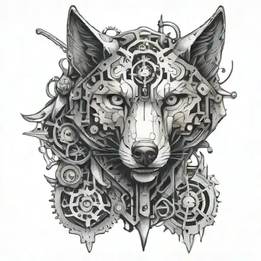 Design a mechanical wolf with intricate car parts as its body tattoo design idea