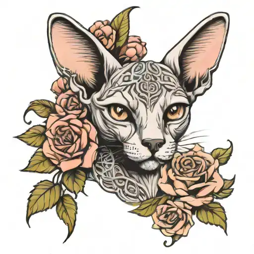 Celtic knot, sphinx cat and flowers tattoo design idea