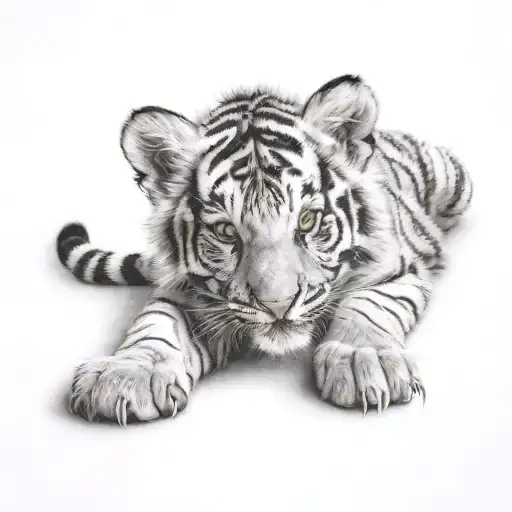 tiger cub laying on belly with chest showing and paw swiping tattoo design idea