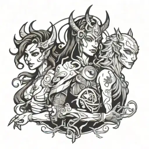 generates an image, like a sketch for a small, symbolic tattoo. In the picture are 3 fiends, drawn in the style of anima tattoo design idea