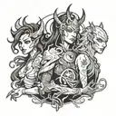 generates an image, like a sketch for a small, symbolic tattoo. In the picture are 3 fiends, drawn in the style of anima tattoo design idea