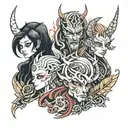generates an image, like a sketch for a small, symbolic tattoo. In the picture are 3 fiends, drawn in the style of anima tattoo design idea