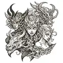 generates an image, like a sketch for a small, symbolic tattoo. In the picture are 3 fiends, drawn in the style of anima tattoo design idea