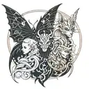 generates an image, like a sketch for a small, symbolic tattoo. In the picture are 3 fiends, drawn in the style of anima tattoo design idea