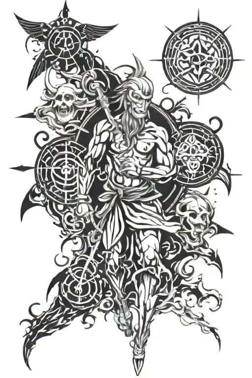 the numbers of God: 644,777,333,12,7,7X70, 490, 70x70,444, with images of sysmbolism of God as a warrior   tattoo design idea