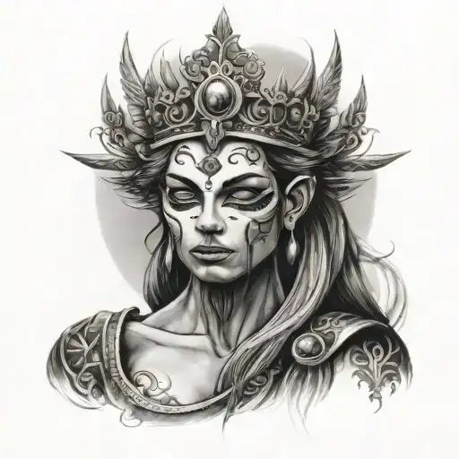 un rey con corona y abajo los ojos de una diosa  tattoo design idea