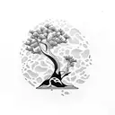 Tattoo with minimal fine lines of one simple large Bonsai tree in the center with two medium sized koi fish around the o tattoo design idea