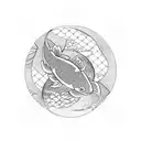 Tattoo with minimal fine lines of one simple large Bonsai tree in the center with two medium sized koi fish around the o tattoo design idea