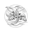 Tattoo with minimal fine lines of one simple large Bonsai tree in the center with two medium sized koi fish around the o tattoo design idea