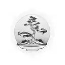 Tattoo with minimal fine lines of one simple large Bonsai tree in the center with two medium sized koi fish around the o tattoo design idea