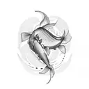 Tattoo with minimal fine lines of one simple large Bonsai tree in the center with two medium sized koi fish around the o tattoo design idea