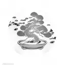 Tattoo with minimal fine lines of one simple large Bonsai tree in the center with two medium sized koi fish around the o tattoo design idea