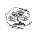 Tattoo with minimal fine lines of one simple large Bonsai tree in the center with two medium sized koi fish around the o tattoo design idea