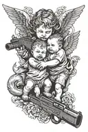 baby angel and baby devil pointing AK 47 gun at each other  tattoo design idea
