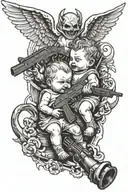 baby angel and baby devil pointing AK 47 gun at each other  tattoo design idea