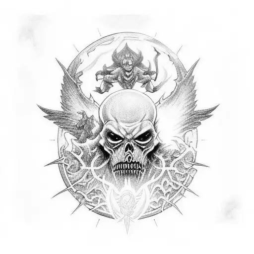 A full sleeve tattoo of a celestial battle between angels and demons in black and white tattoo design idea