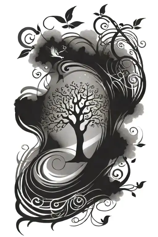 Tree of Life with brush stroke music notes floating tattoo design idea