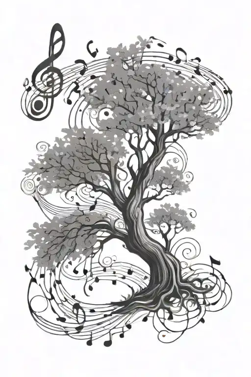 Tree of Life surrounded by music notes in a brush stroke style  tattoo design idea