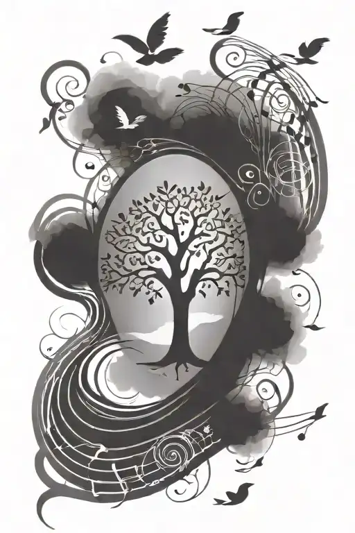 Tree of Life with brush stroke music notes floating tattoo design idea