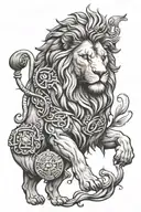 This design concept combines the powerful symbolism of a lion with elements from Greek mythology and architecture, creat tattoo design idea