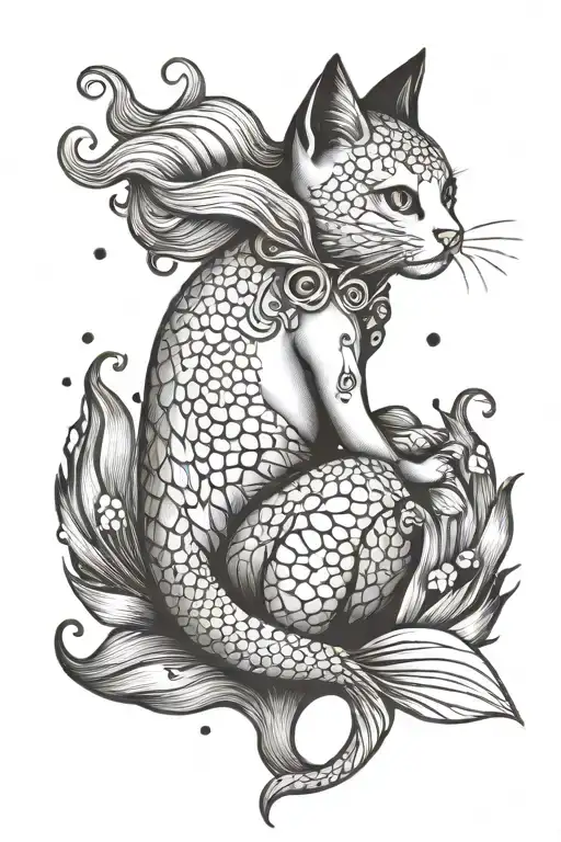cat mermaid tattoo design idea