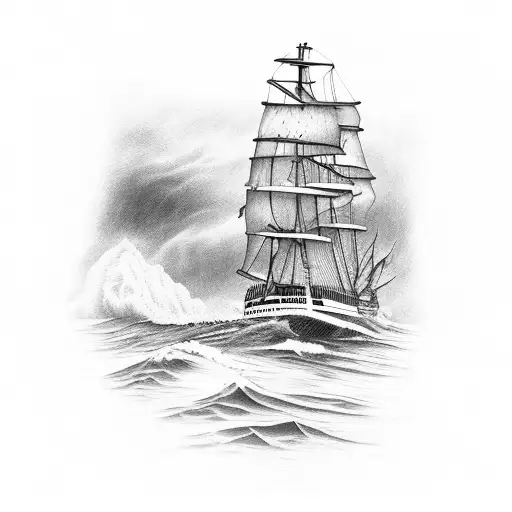 woodcut style tattoo of a clipper ship in a storm tattoo design idea