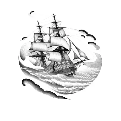woodcut of a clipper ship in a storm tattoo design idea