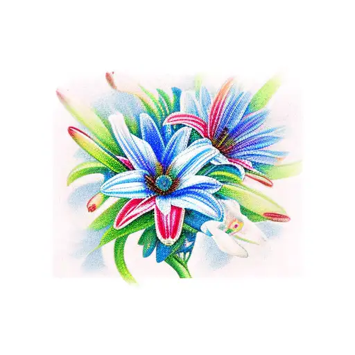 blue butterflies with red and pink gerberas and white Lillies,  tattoo design idea