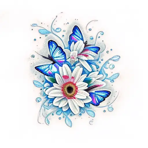 blue butterflies with red and pink gerbera flowers and white Christmas lilly flowers tattoo design idea