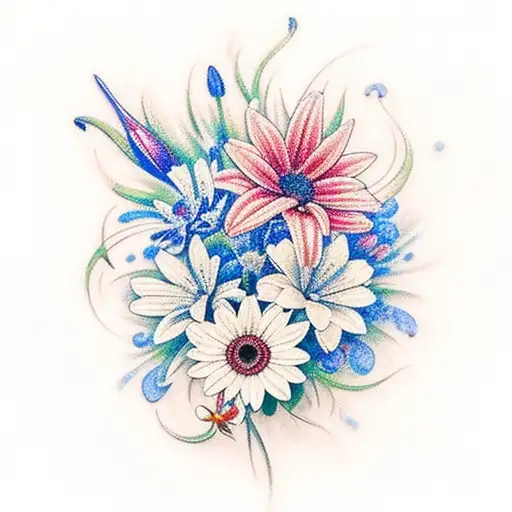 blue butterflies with red and pink gerberas and white Lillies,  tattoo design idea