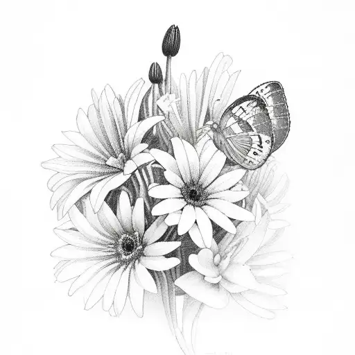 Butterfly with Gerberas and Lillies, date that says '25/05/23', colours in red, blue and pink tattoo design idea